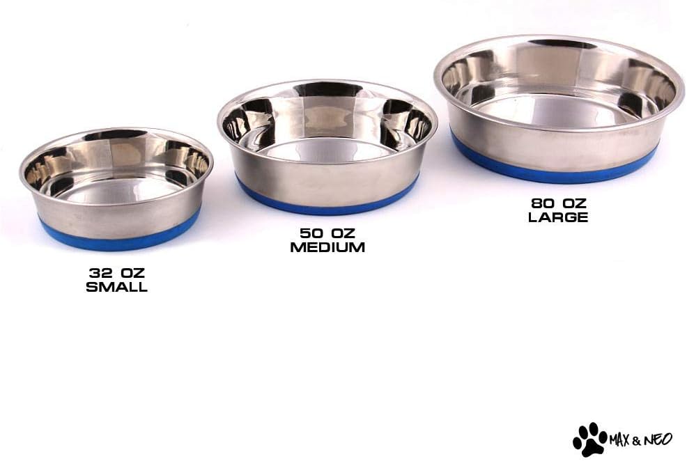 Max and Neo Heavyweight Non-Skid Rubber Bottom Stainless Steel Dog Bowl - We Donate a Bowl to a Dog Rescue For Every Bowl Sold (Large - 80oz - 9.5" Diameter) 