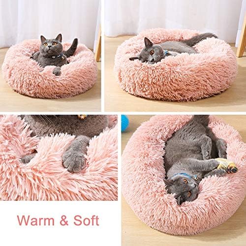 Large Cat Beds for Indoor Cats - Dog Beds for Small Medium Dogs, Anti Anxiety Round Fluffy Plush Faux Fur Pet Bed, Thick Bottom (Pink, Large 24" L x 24" W)