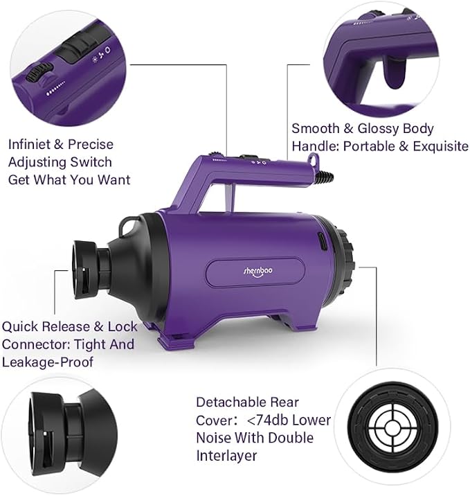Dog Dryer High Velocity Pet Dog Grooming Force Hair Dryer/Blower | High velocity force blower dryer for professional dog pet grooming, purple sherbao SMD-06P 