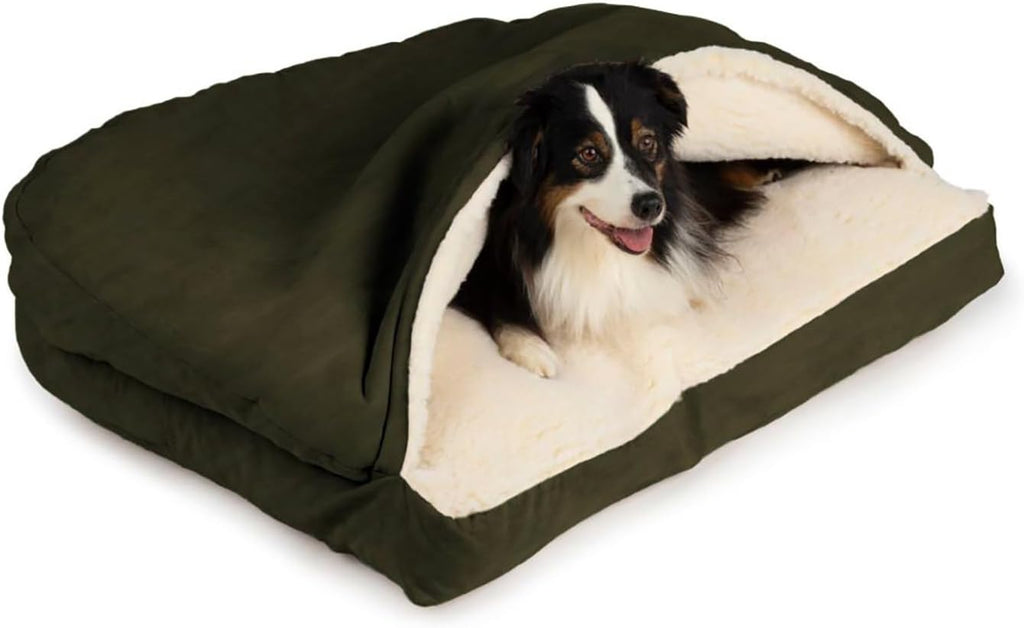 Snoozer Rectangle Cozy Cave Dog Bed, Hooded Dog Bed, Olive (L)