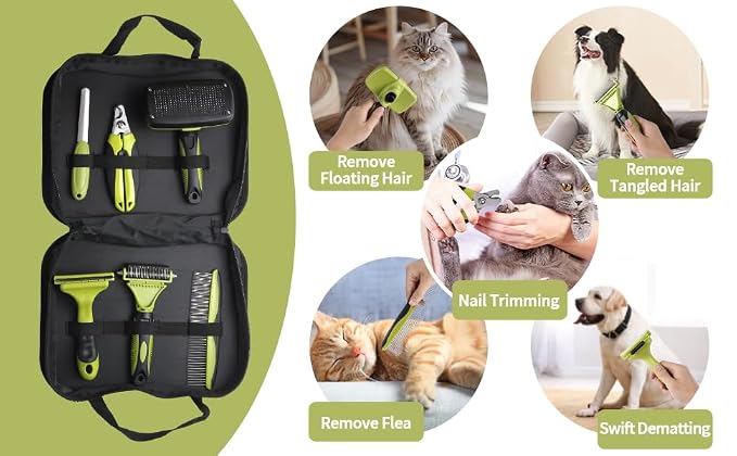 6 PCS Dog and Cat Grooming Kit, Versatile Tools Including Shedding Brush, Nail Clipper with Nail File, Slicker Brush, Dematting Comb