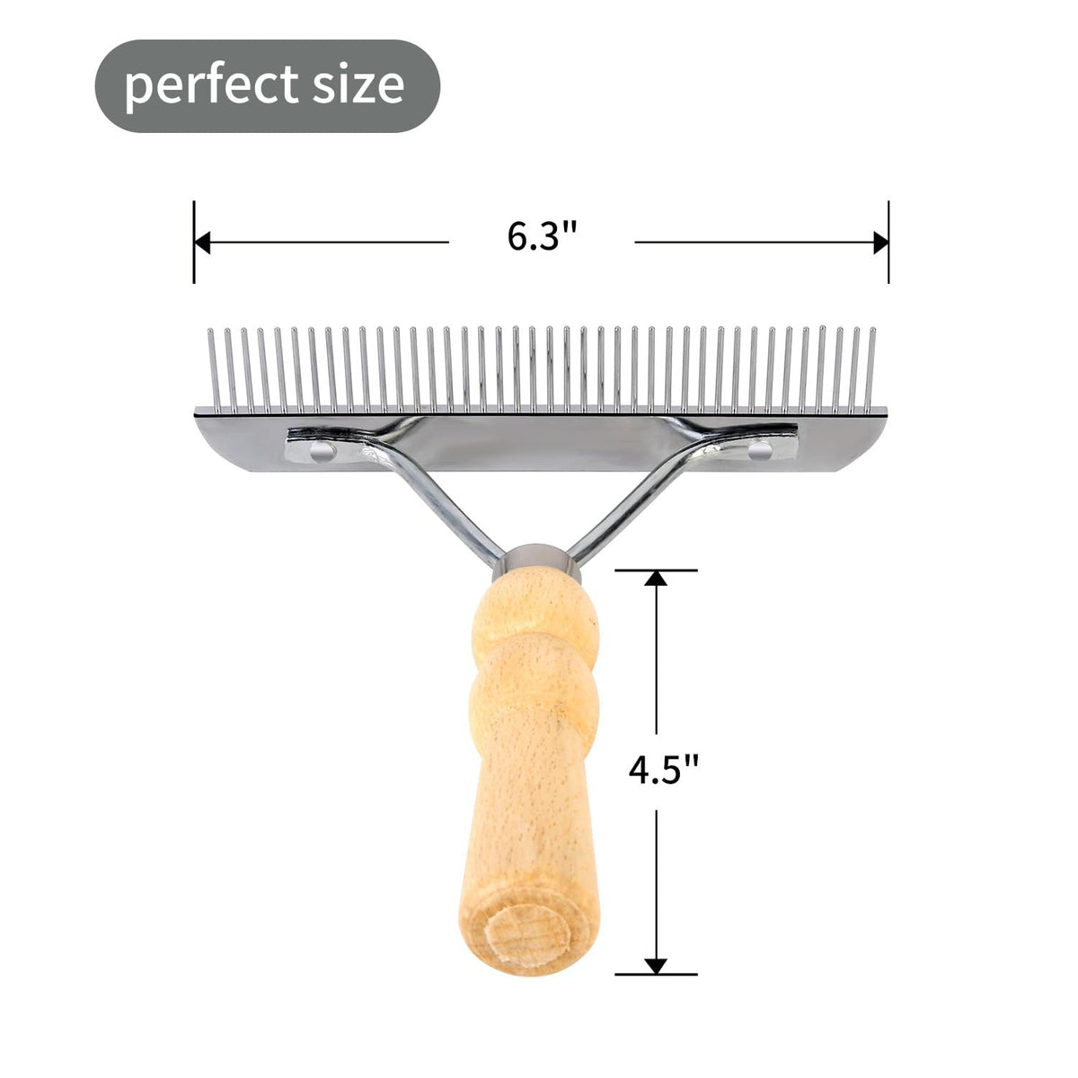 Undercoat Grooming Rake with Anti-Slip Wooden Handle, Steel Comb for Medium & Large Pets