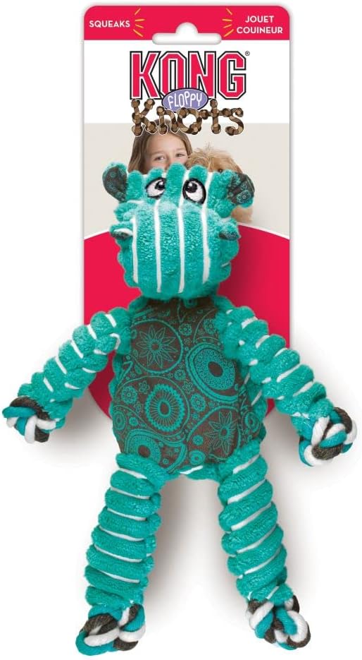 Kong Floppy Knots Rope and Plush Dog Toy, Hippo, Small/Medium | Knotted Rope & Plush Toy with Minimal Stuffing & a Squeaker, Great for Teething, Tugging & Lively Play