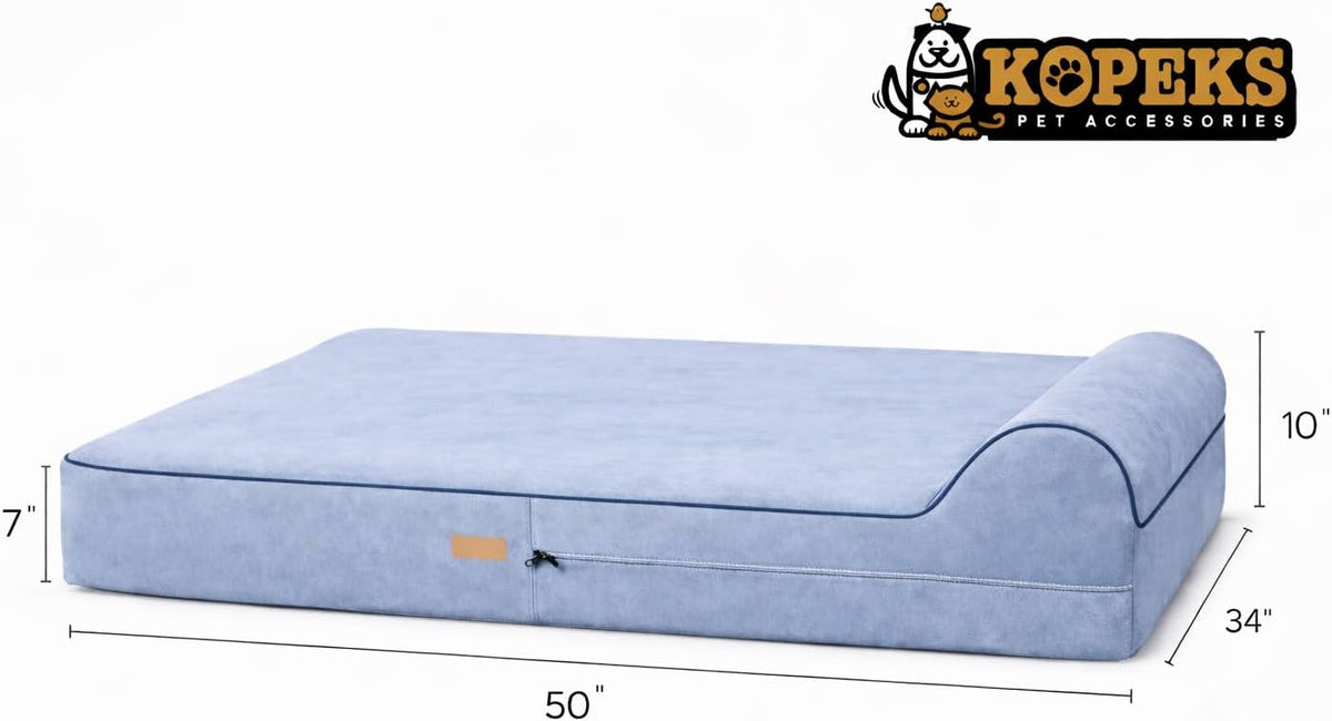 KOPEKS Orthopedic Memory Foam Dog Bed 7" Inch Thick Extra Large Dog Bed With Pillow Grey 50"x34"x10" Includes Waterproof Liner & Durable Removable Cover With Smart Design