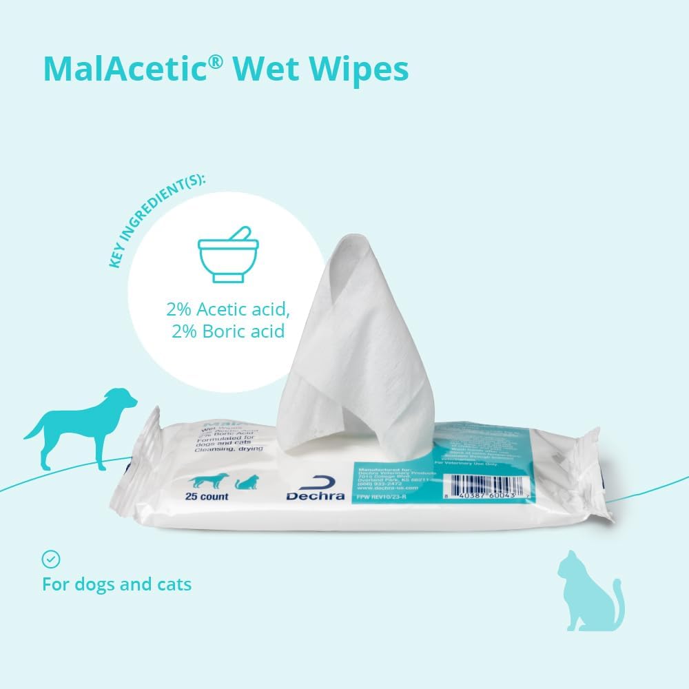MalAcetic® Wet Wipes for Dogs and Cats, 25 Wipes | Cleansing, Drying; 2% Boric Acid; 2% Acetic Acid; Packaging May Vary
