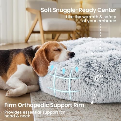 JOLLYVOGUE Small Dog Bed, Calming Dog Beds for Small Dogs & Indoor Cats - 20 Inches Donut Washable Cat Bed for Kittens & Puppies, Round Fluffy Plush Faux Fur Pet Beds(Smoke Grey) (Pack of 2)