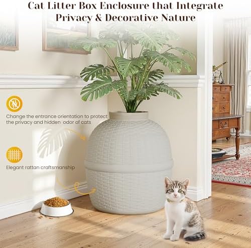 Hidden Plant Litter Box, Large Cat Litter Box Furniture with Odor Control Carbon Filter, Litter Box Enclosure for Home, Faux Plant and Real Stones, Gray