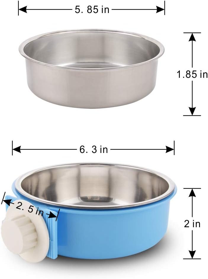 Crate Dog Bowl Removable Stainless Steel Water Food Feeder Bowls Cage Coop Cup for Cat Puppy Bird Pets (Large, Blue) 
