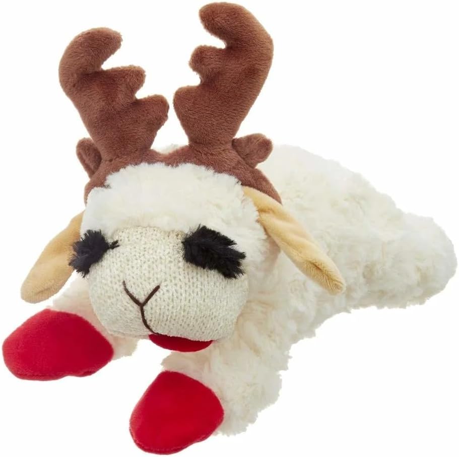Multipet Holiday Lamb Chop with Reindeer Antlers Plush Dog Toy (10.5" Laying Lamb),All Breed Sizes