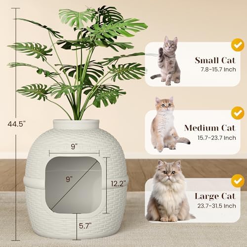 Hidden Plant Litter Box, Large Cat Litter Box Furniture with Odor Control Carbon Filter, Litter Box Enclosure for Home, Faux Plant and Real Stones, Gray
