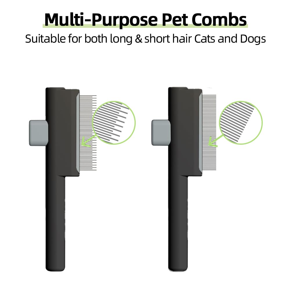 Marchul 2Pcs Pet Comb Flea Comb Set for Cats Dogs, Cat Grooming Brush with Release Button and Stainless Steel Round Teeth, Self-Cleaning Dog Combs for Removing Pet Hair, Knots & Loose Fur, Black
