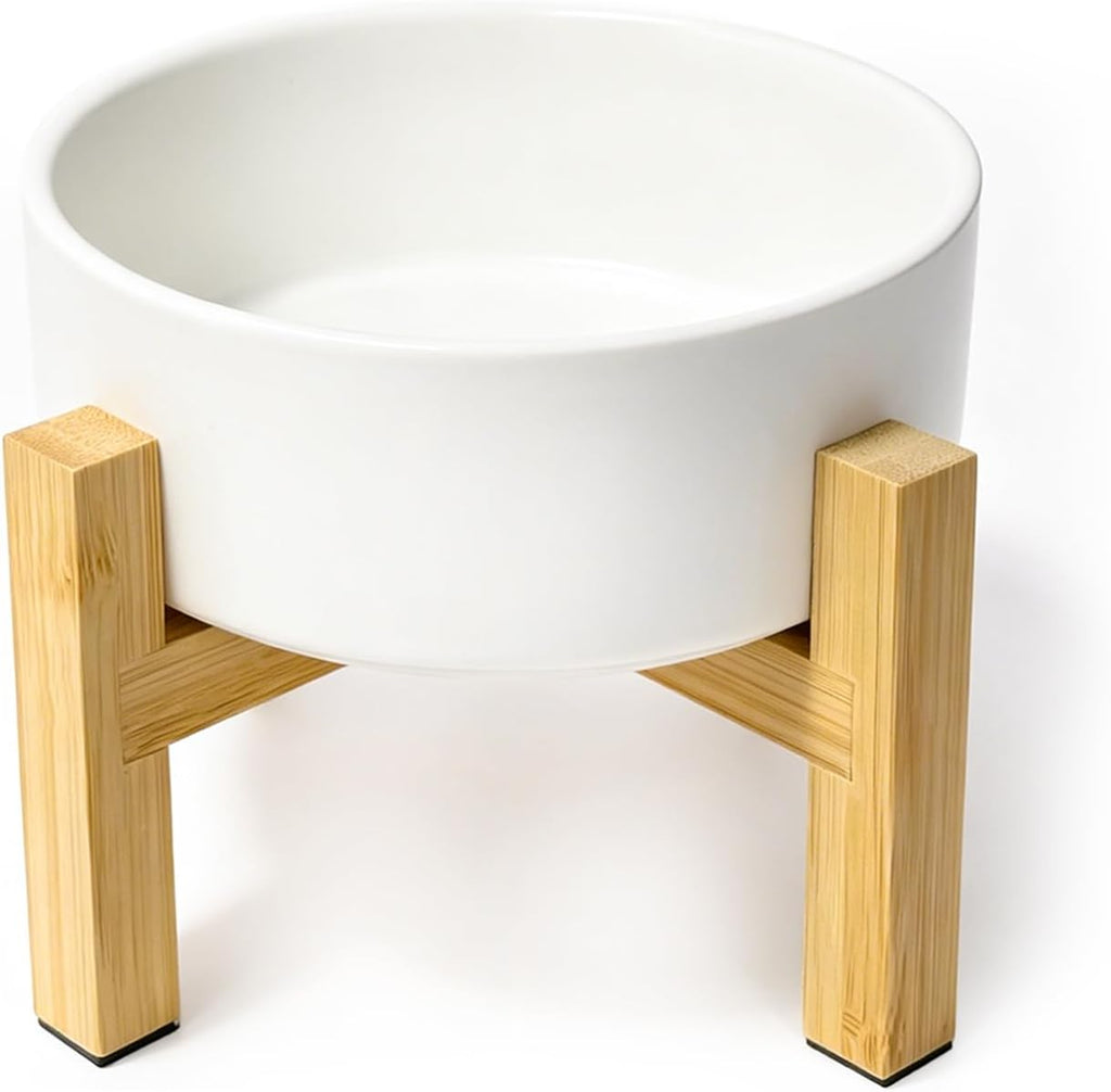 Elevated Ceramic Cat Bowl - Cat Food Bowl with Bamboo Stand - Raised Dog Dish for Puppies - Anti Vomiting, Stress Free - 13.5 oz / 400 ml - White 