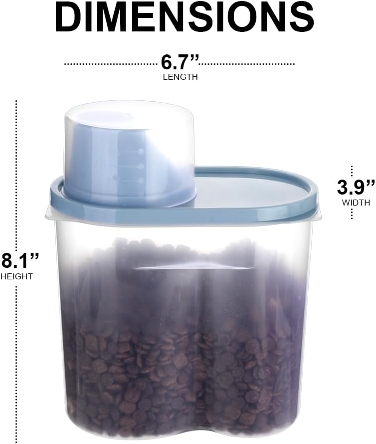 2 Pack 2lb/2.5L Pet Food Storage Container with Measuring Cup for Small Dog, Cat, Waterproof-BPA Free (Blue 1.8L)