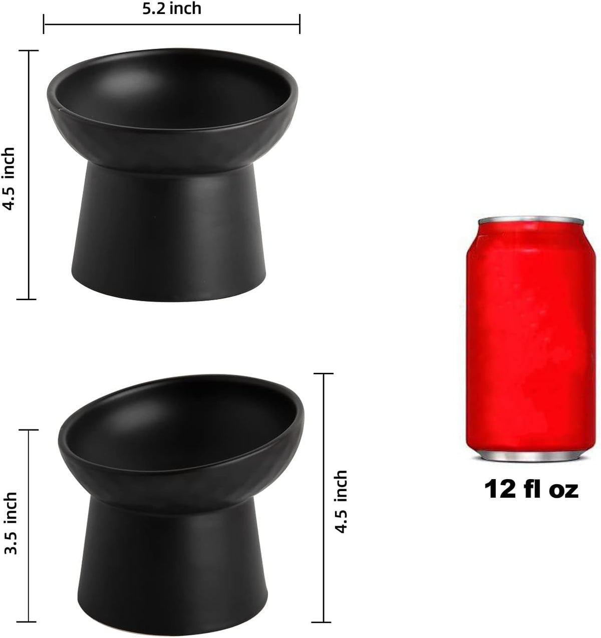 Elevated Cat Bowls, 15° Tilted Ceramic Raised Cat Food and Water Bowl Set, Whisker-Friendly Porcelain Pet Feeder Dishes for Indoor Cats and Small Dogs,Black,5.2 Inch,2 Pack
