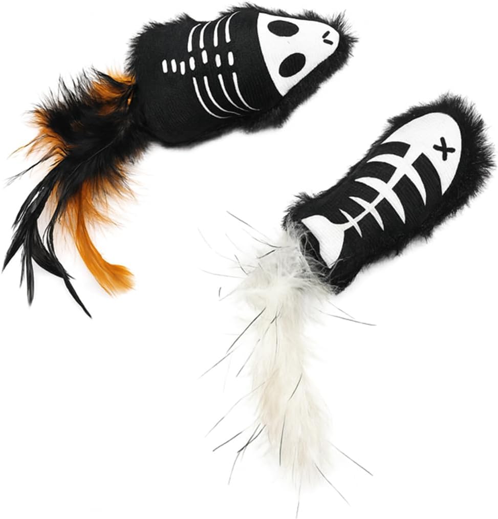 Halloween Cat Toys – 2-Pack Interactive Plush Fishbone and Mouse Bone Catnip Toys with Feather Tails for Indoor Cats