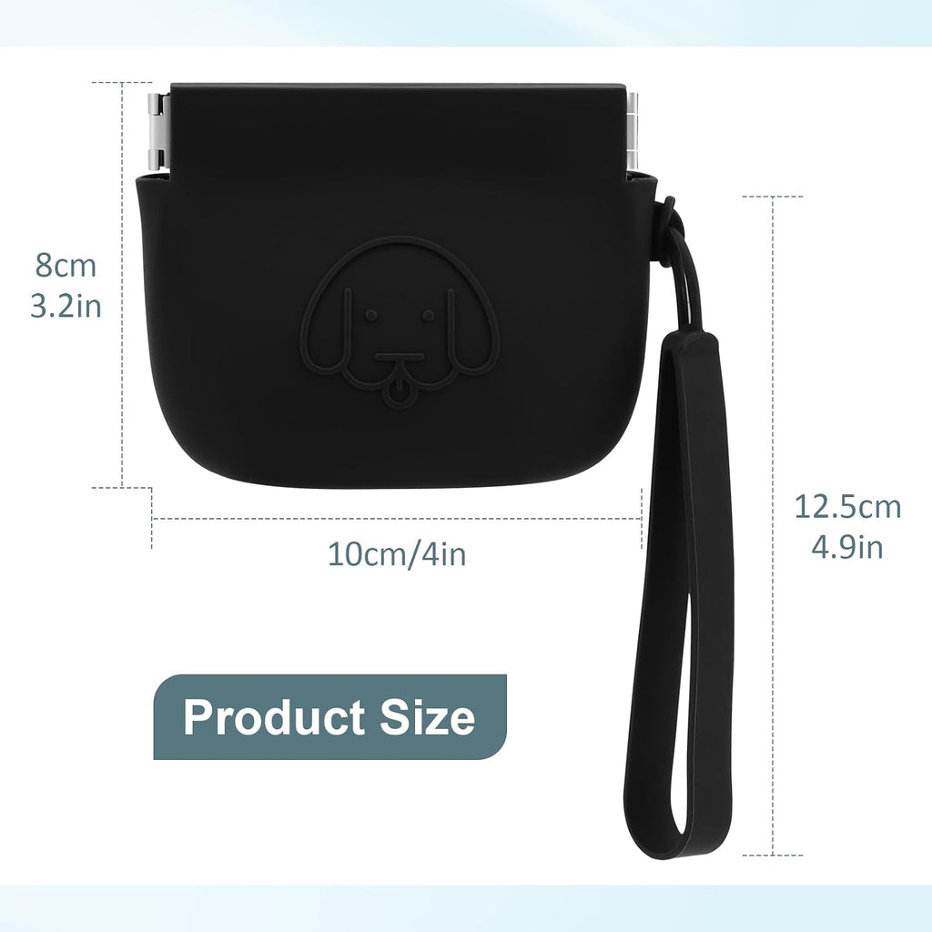 WALLFID Silicone Dog Treat Pouch, Auto Closure, with Pet Training Clicker, Walking Bag for Dog and Cat, Pocket Size, Easy to Clean, Odorless, Travel Bag (Black)