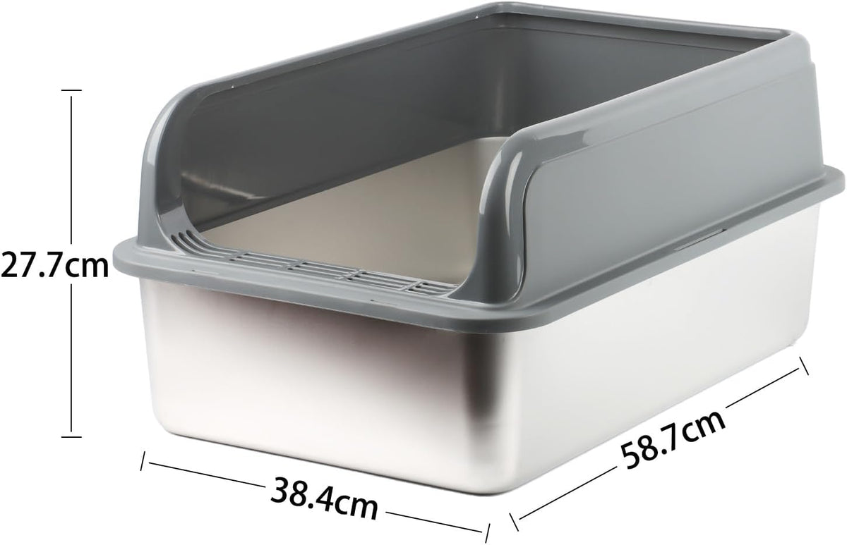 Powools Stainless Steel Cat Litter Box, High-Sided, Grey, XXL (1 Pack) | Metal Litter Box with Scoop, Anti-Leakage Top Entry, Non-Sticky, Easy to Clean, 8-Inch Splash-Proof Deep Pan