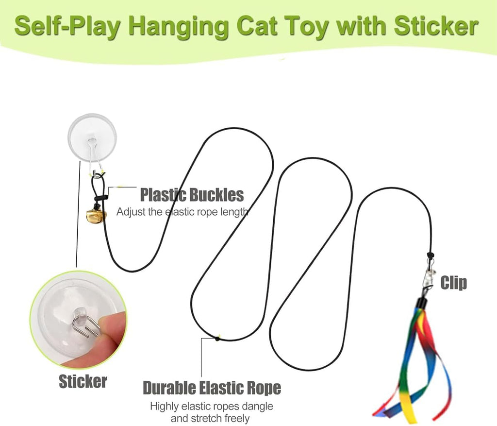 Door Hanging Cat Toys with Suction Cups, Interactive Hanging Feather & Plush Cat Toy with Bell, Assorted Replaceable Refills for Indoor Kitten Hunting Exercise (Ribbon Set (10Pcs))
