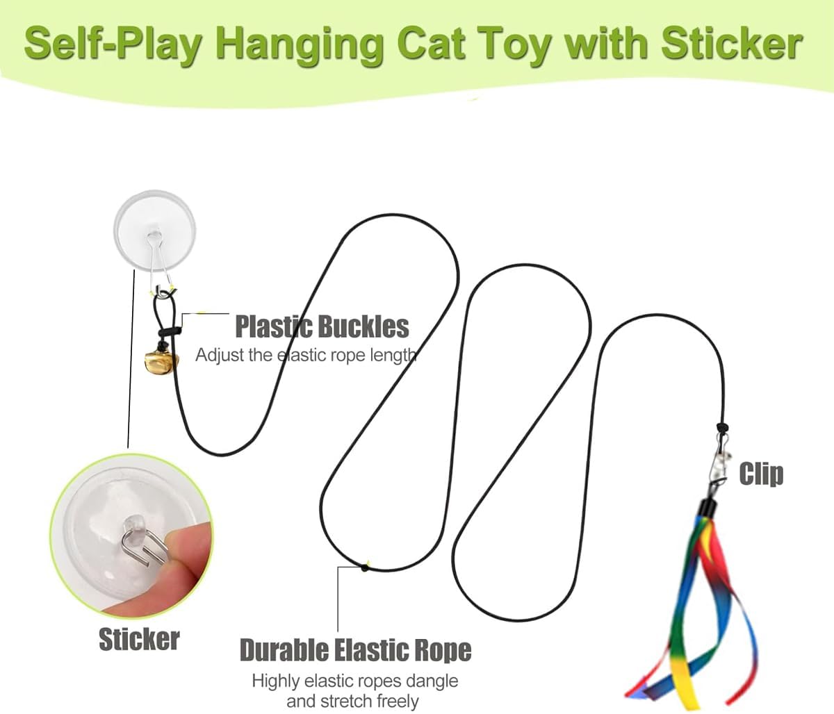 Door Hanging Cat Toys with Suction Cups, Interactive Hanging Feather & Plush Cat Toy with Bell, Assorted Replaceable Refills for Indoor Kitten Hunting Exercise (Ribbon Set (10Pcs))