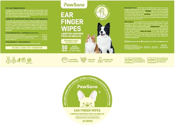 PawSono Dog Ear Wipes - 50 Count Dog Ear Cleaner Finger Wipes for Dogs & Cats, Pre-Moistened Ear Cleaning Wipes for Puppies, Kittens & Small Animals, Thick Pet Ear Wipes to Remove Wax, Dirt & Debris