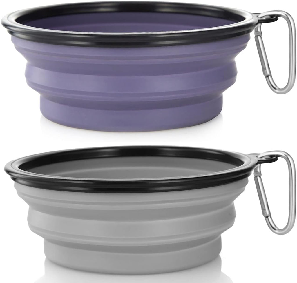 Dog Bowl Large Pet Collapsible Bowls, 2 Pack Collapsible Dog Water Bowls for Cats Dogs Portable Pet Feeding Water Dish for Walking Parking Traveling with 2 Carabiners (Large, Purple & Concrete Gray)