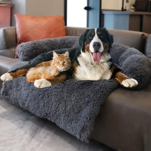 Calming Dogs/Cats Bed Mats, Dog Pad Washable Removable Couch Cover, Plush Long Fur Mat for Pets, Waterproof, Perfect for Small, Medium and Large Dogs and Cats (Navy Blue, 59"x39.3"x6.0")
