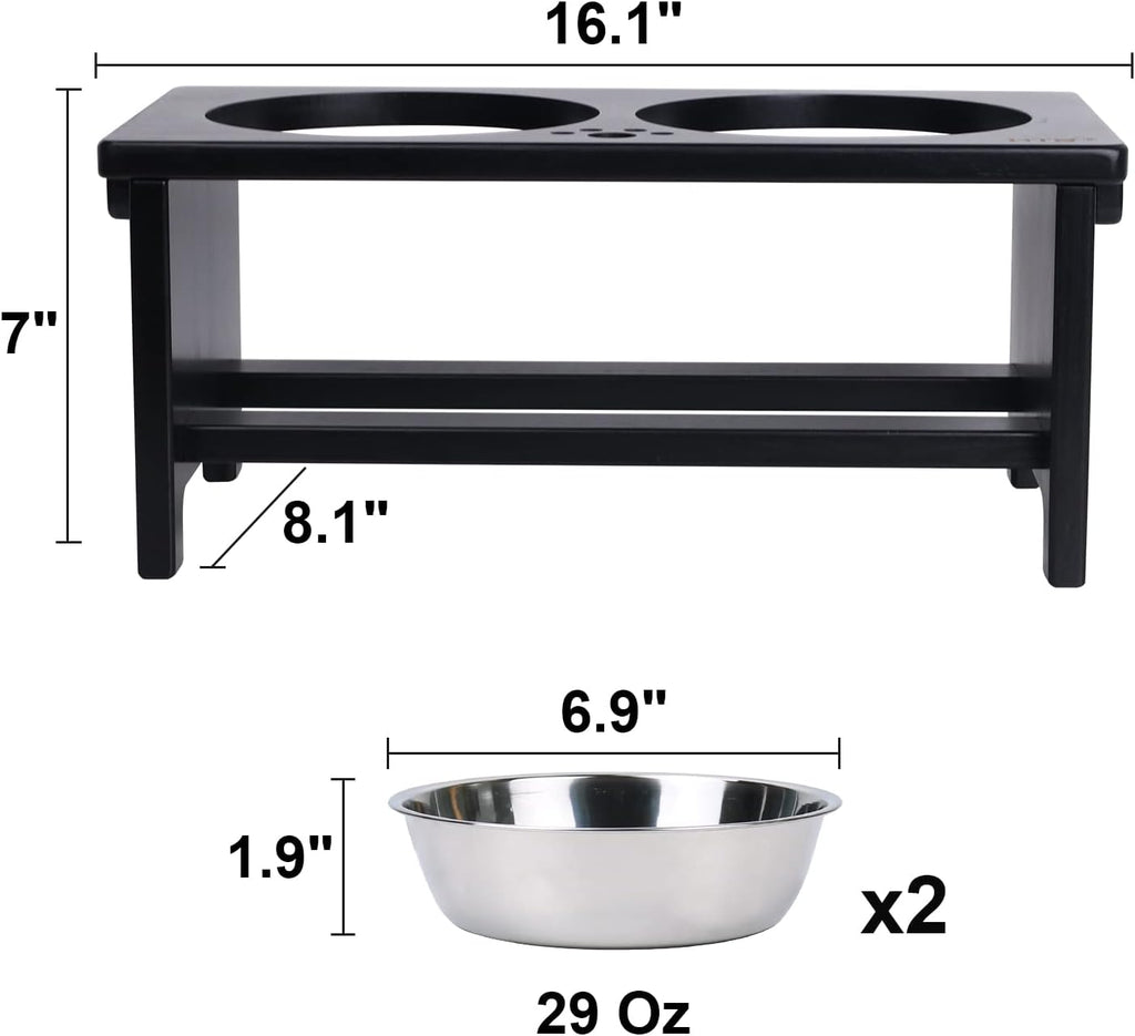 HTB Elevated Dog Bowl Stand with 2 Stainless Steel Bowls-7" H Medium Black | Raised Dog Bowl Stand, 7"tall, 29 Oz Bowls, for Medium Sized Dogs, Pet-safe, Solid Bamboo