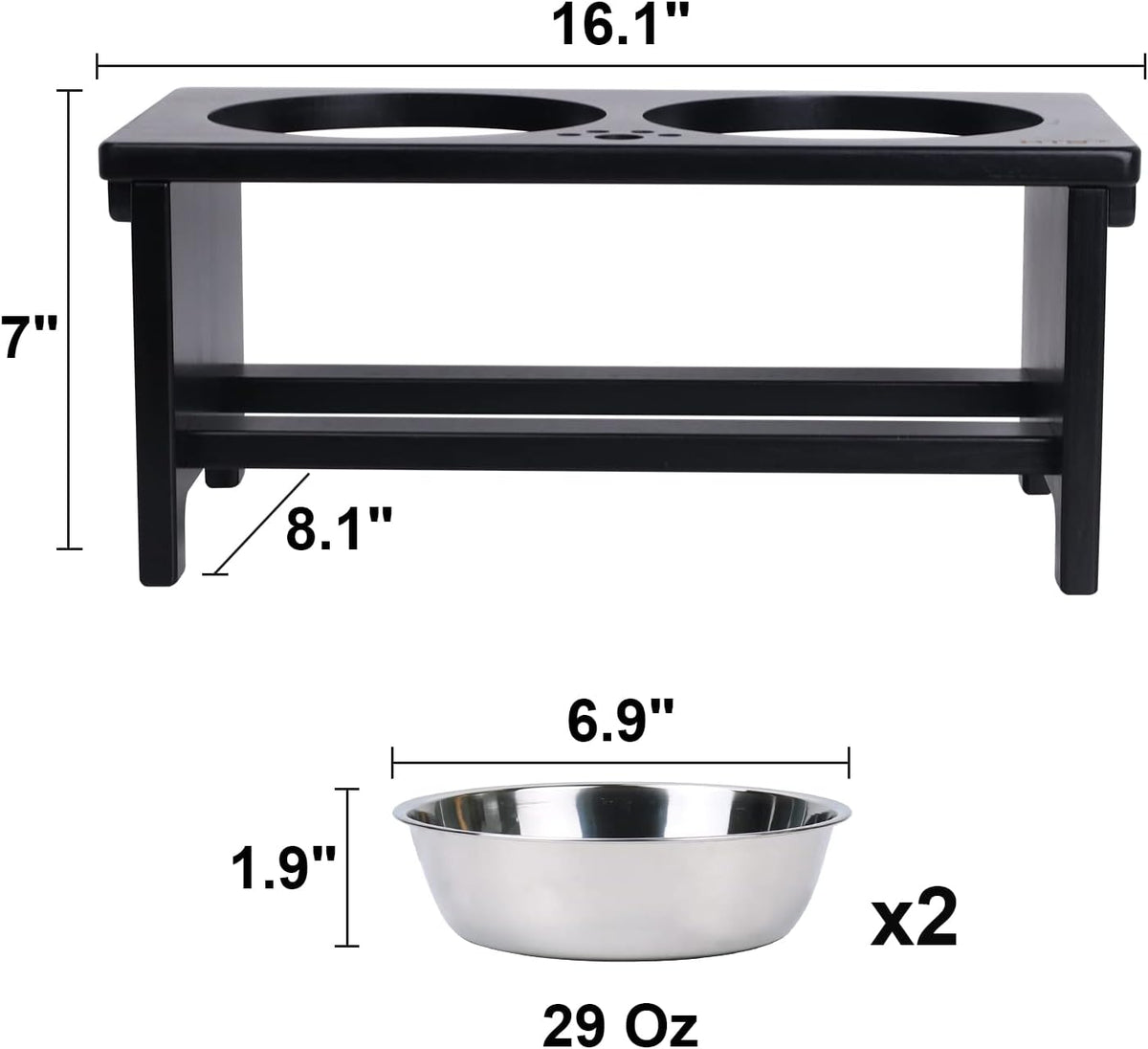 HTB Elevated Dog Bowl Stand with 2 Stainless Steel Bowls-7" H Medium Black | Raised Dog Bowl Stand, 7"tall, 29 Oz Bowls, for Medium Sized Dogs, Pet-safe, Solid Bamboo
