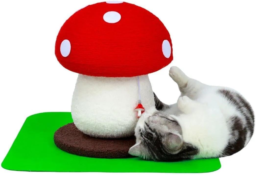 No Assembly Required Mushroom Cat Scratcher, Cute Cat Scratching Post with Natural Sisal Rope, Stable Base & Hanging Toy, Small Space Kitten Tree for Indoor Cats, Claw Care Scratch Pole