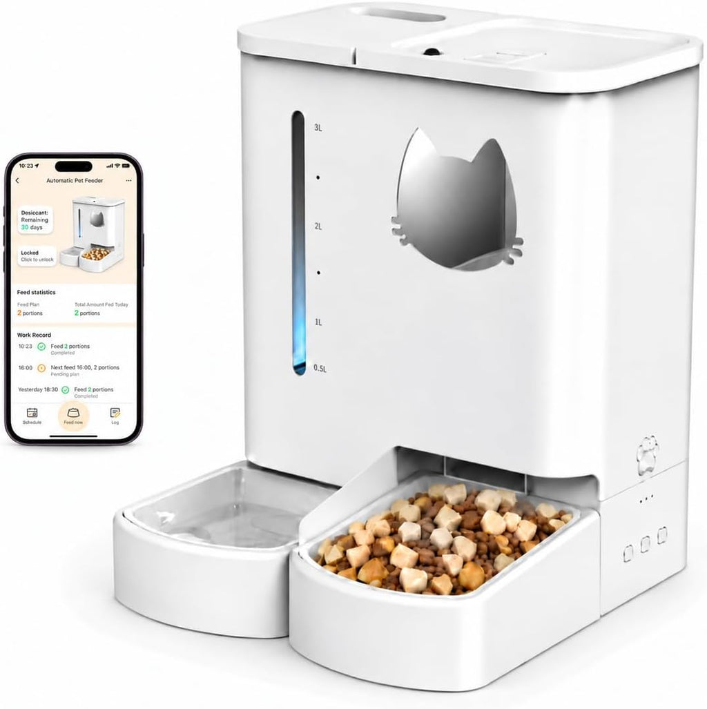 Waithem Automatic Cat Feeder with Camera, 5GHz/2.4GHz WiFi Smart Pet Food Dispenser with HD Night Vision, App Remote Control, 2-in-1 Food and Water Station, Detachable for Cleaning (Ice White)