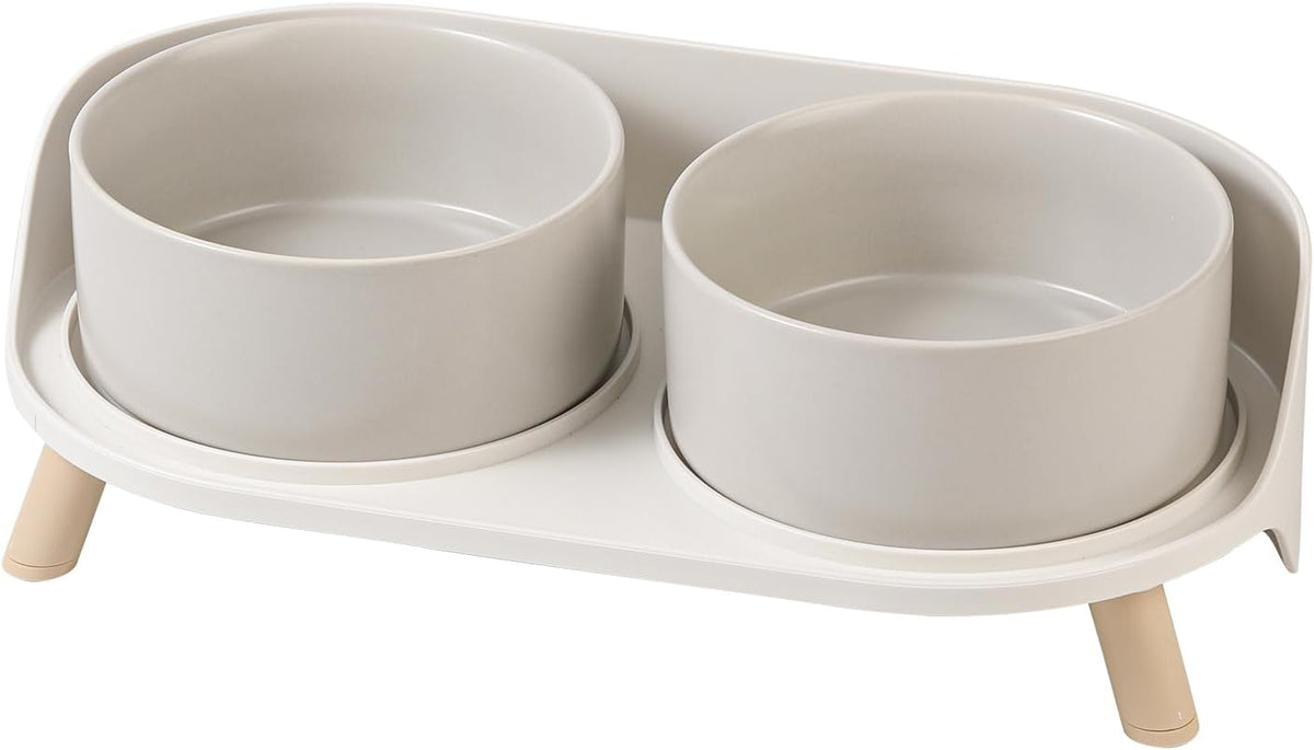 Elevated Ceramic Dog Bowl Set - Double Dog Feeding Bowls with Stand Splash Proof - Raised Dishes for Food and Water - Ideal for Small to Medium Dogs - 2 x 720 ml - 11.3 oz - Grey