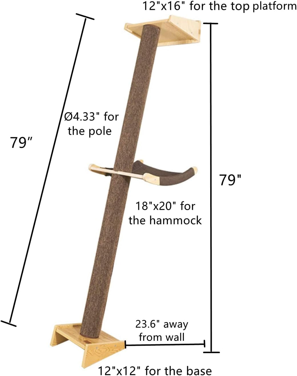 Modern 78.7“ Tall Leaning Wall Sisal Cat Tree Tower Scratching Post Pillar at 70 Degree Angle with Bed Hammock Perch, Cat Climbing Pole for Window (Sisal Cover)