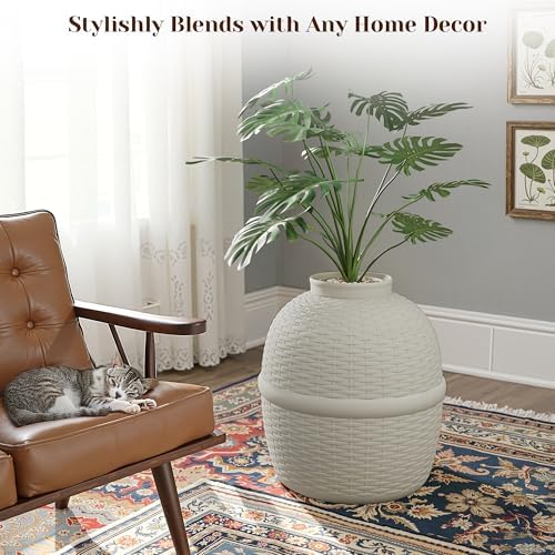 Hidden Plant Litter Box, Large Cat Litter Box Furniture with Odor Control Carbon Filter, Litter Box Enclosure for Home, Faux Plant and Real Stones, Gray