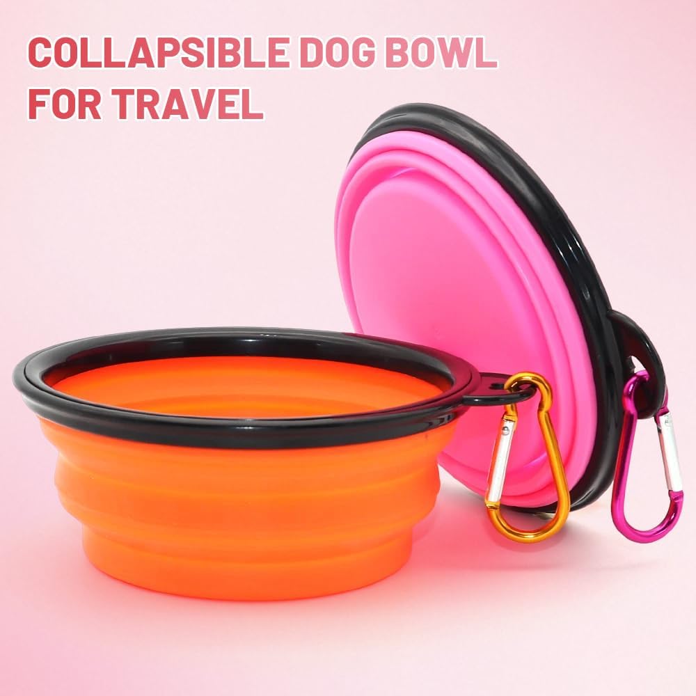 SLSON Collapsible Dog Bowls, 2 Pack, Portable Pet Feeding Watering Dish for Traveling with Carabiners (Small, Orange+Pink) 