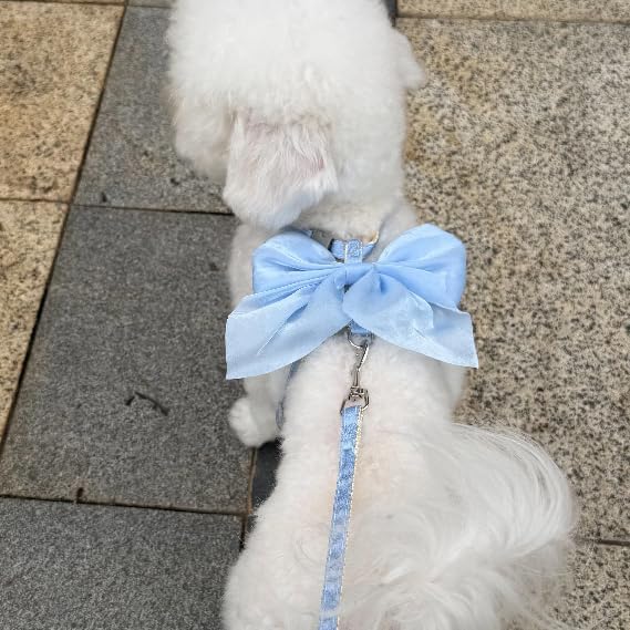 Cute Leash and Bow H-Shaped Design Harness for Small Cats Dogs, Proof Soft Adjustable Vest Easy Control Breathable Harnesses for Small Cats Dogs (Blue M 8-15LBS)