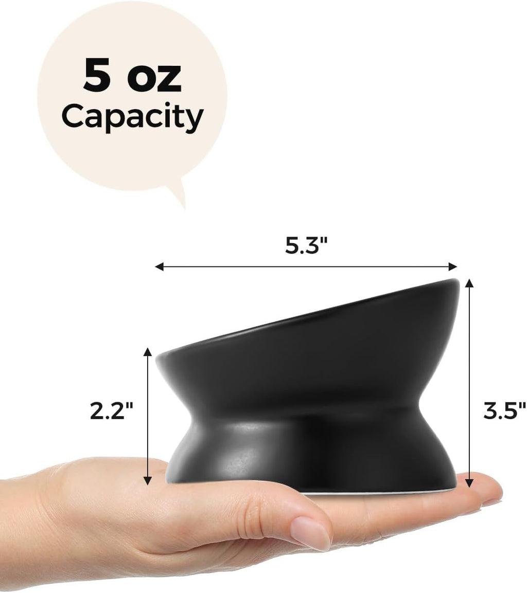 LoeJan Elevated Cat Food Bowl, 5 Oz Ceramic Raised and Tilted Water Bowl, Anti Vomiting and Protect Pets' Spines Dishes for Small Dog, Fat Faced Cat, Kitten (Black, 2 Pack)