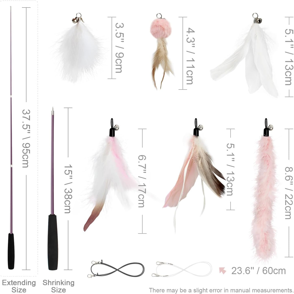 SONGWAY Interactive Cat Feather Toy Set - Retractable Teaser Wand with 6 Pcs Feather Refills with Bell, Cat Wand Toys for Indoor Cats Kittens Play Chase Exercise, Light Pink