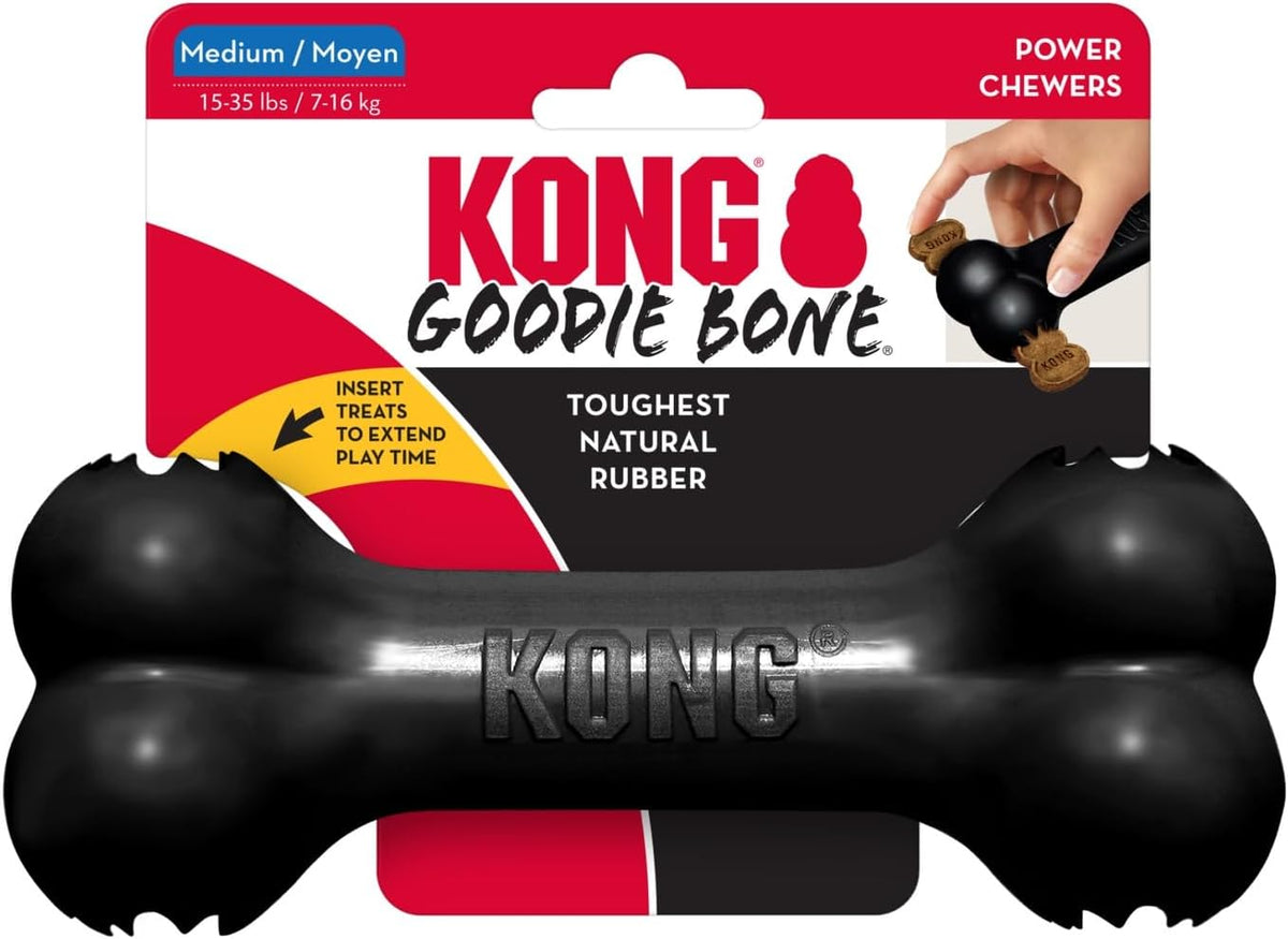 KONG Extreme Goodie Bone, Durable Natural Rubber, Black, for Medium Dogs | Made from KONG's Most Durable Natural Rubber for Power Chewers, with Goodie Gripper Ends That Hold Treats