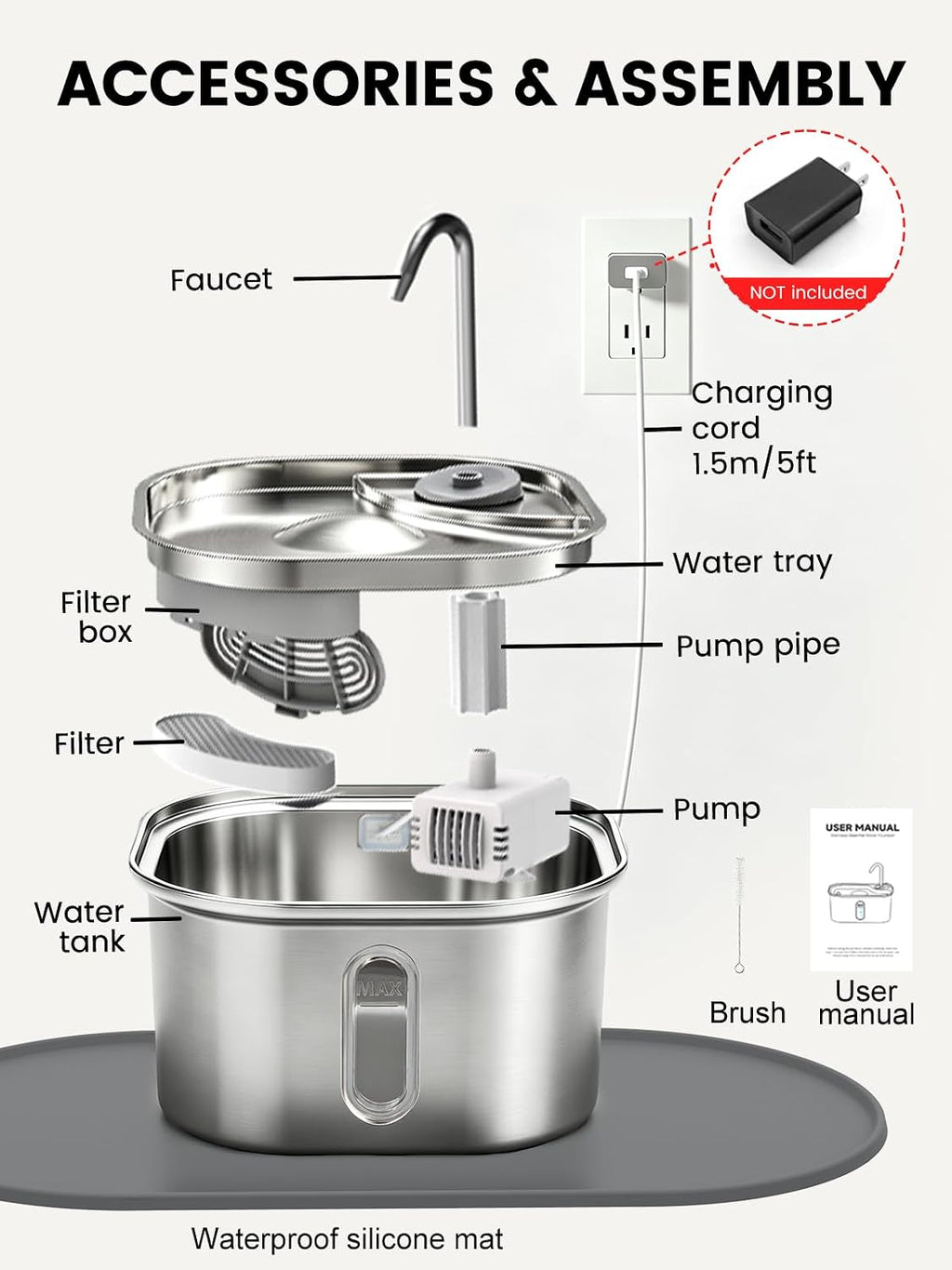 Cat Water Fountain Stainless Steel for Cats Indoor 2.5L 85oz by BPA-free SUS304, Effective 6-Layer Filter Cat Fountain for Drinking 20dB Ultra Quiet Metal Pet Water Fountain (Fountain108oz+4Filters+Mat)