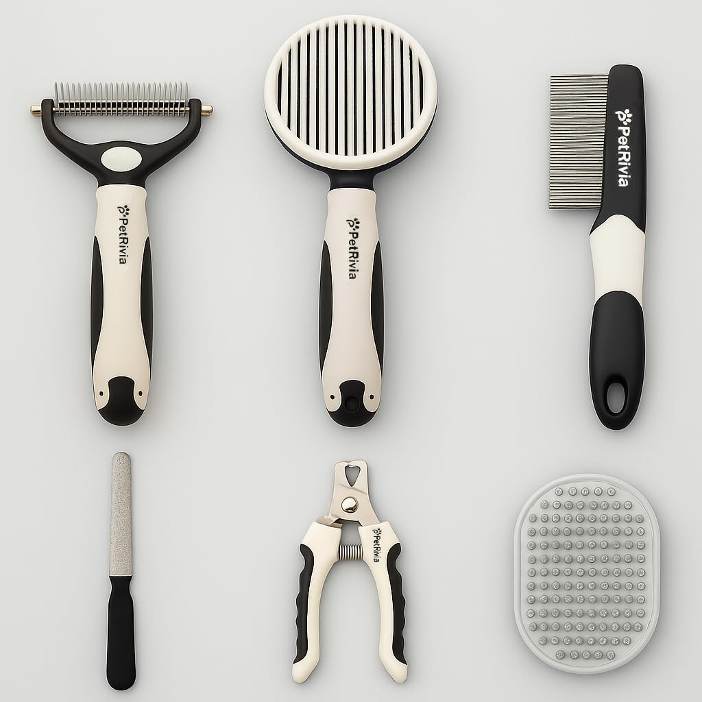 6-in-1 Pet Grooming Kit – Dog Grooming Kit with Undercoat Rake, Slicker Brush, Flea Comb, Nail Clippers & Grooming Glove – Complete Cat & Dog Grooming Tool Set for Shedding Control