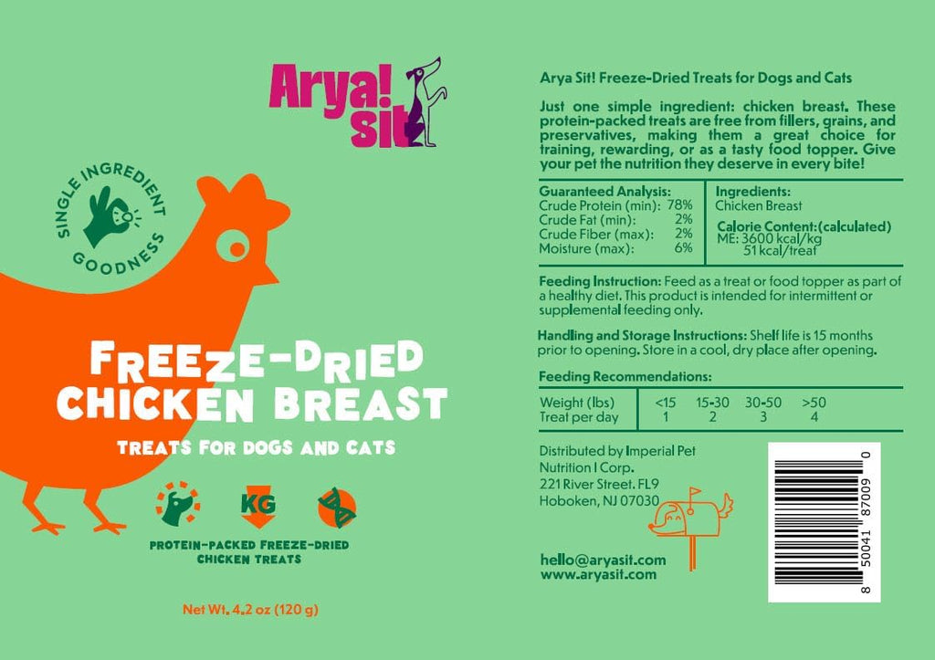 Arya Sit! - Freeze-Dried Single Ingredient Treats (Chicken Breast) for Dogs and Cats - Lean Protein · Grain‑Free & Low‑Calorie · Great for Sensitive Tummies & Weight Control