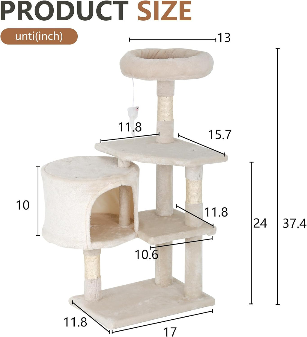 FDW | 36" Cat Tree Tower | Beige | Multi-Level Indoor Activity Center