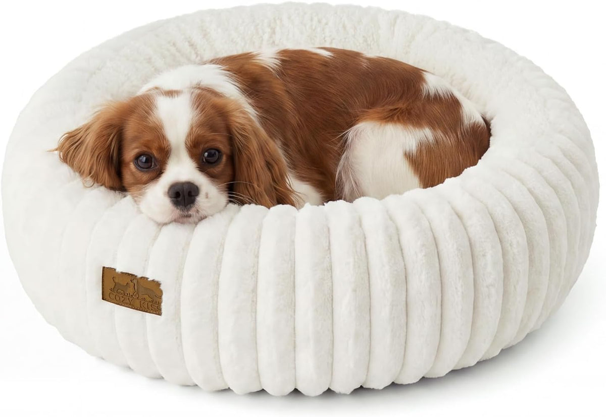 COZY KISS Calming Large Cat Bed, Donut Medium Dog Bed, 26in Cream
