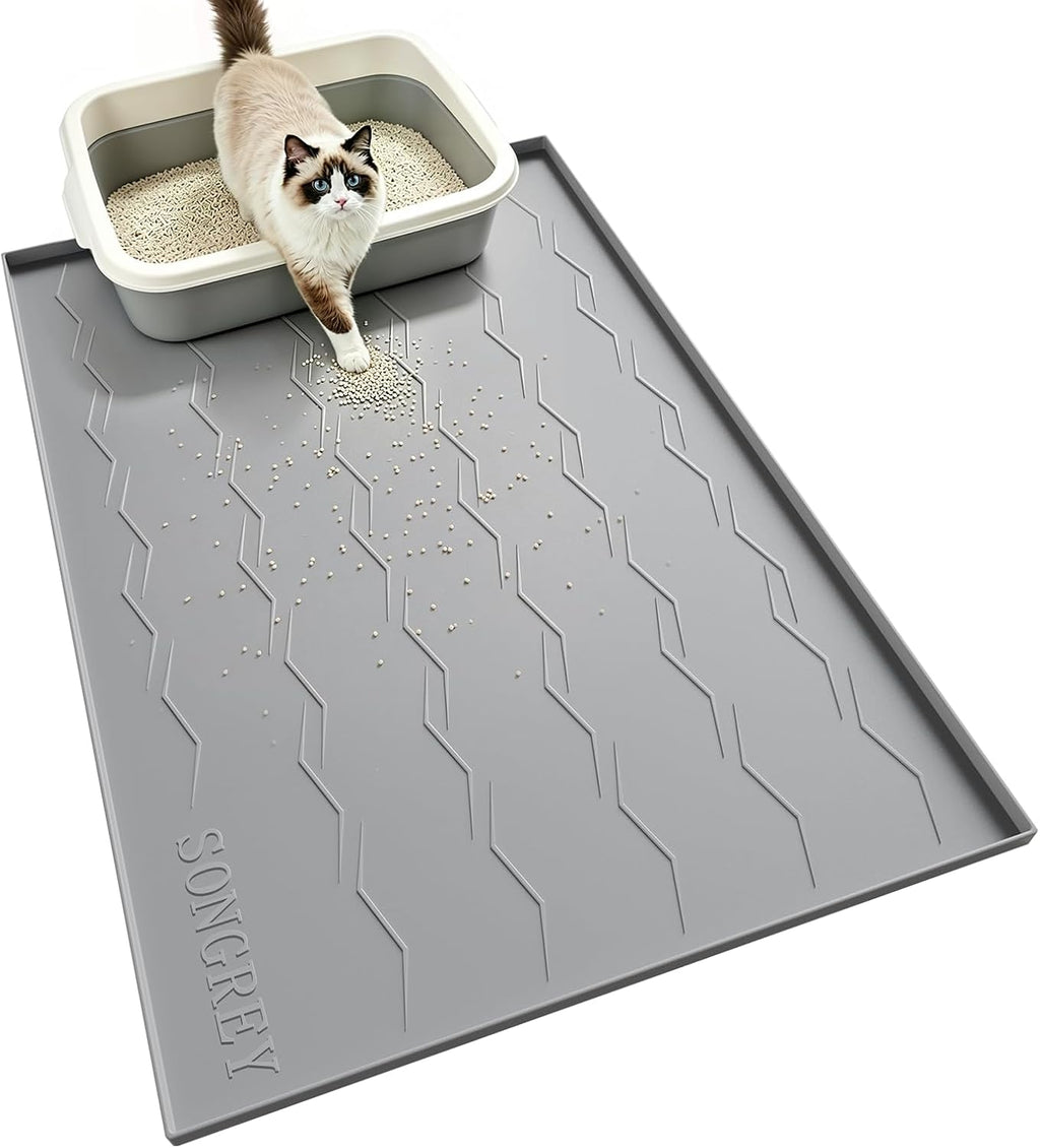 Songrey Silicone Cat Litter Mat 34" x 22", Large Litter Trapping Mat, Gray | Waterproof, Urine-Proof Litter Box Mat for Floor, Soft on Kitty Paws, Easy To Clean, Cat Supplies, Pet Feeding Mat