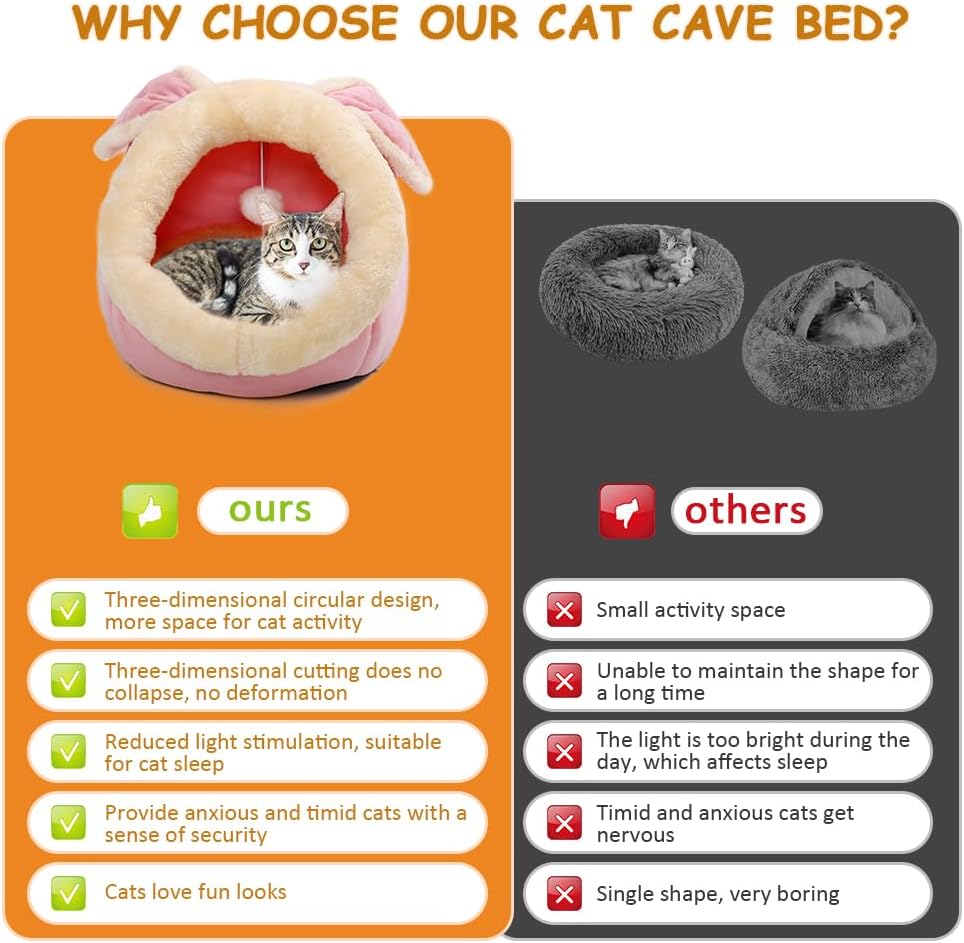 Cat Beds for Indoor Cats-Rabbit-Shaped Cat Cave Bed with Hanging Toy,Pink M