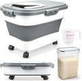 Komzon Rice Storage Containers, Collapsible 20 to 30Lbs Food Storage Bin Dispenser with Rolling Wheel and Clear Airtight Lid, BPA Free Flour, Sugar, Cereal and Dog Cat Pet food Containers