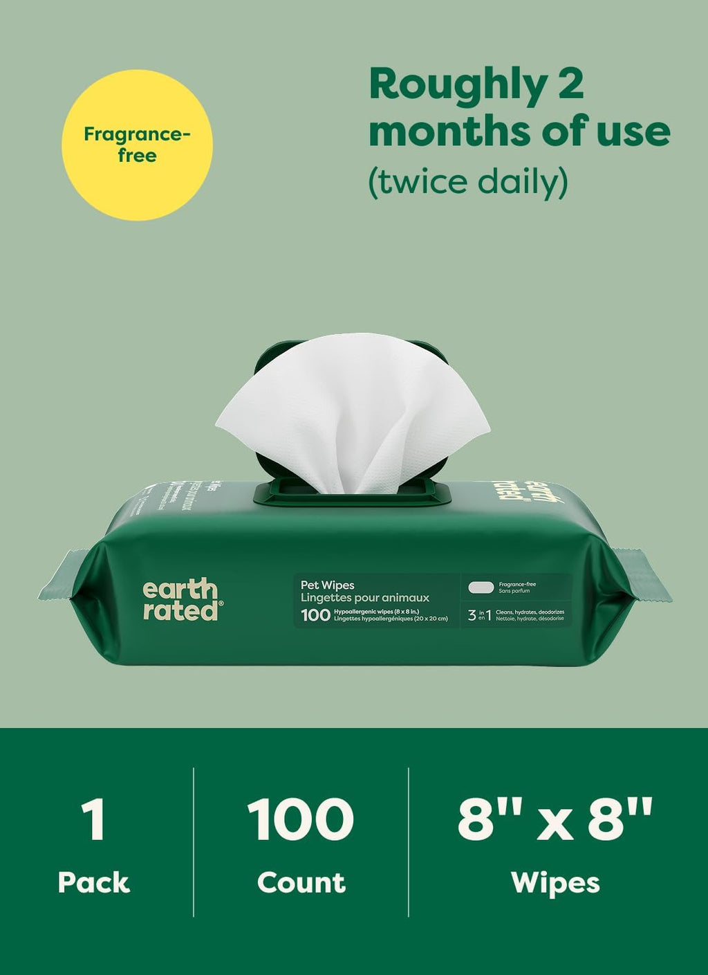 Earth Rated Dog Wipes for Paws & Butt, Deodorizing, Unscented, 100ct | Hypoallergenic, 3-in-1 Cleaning and Hydrating, for Grooming Paws, Body and Butt 