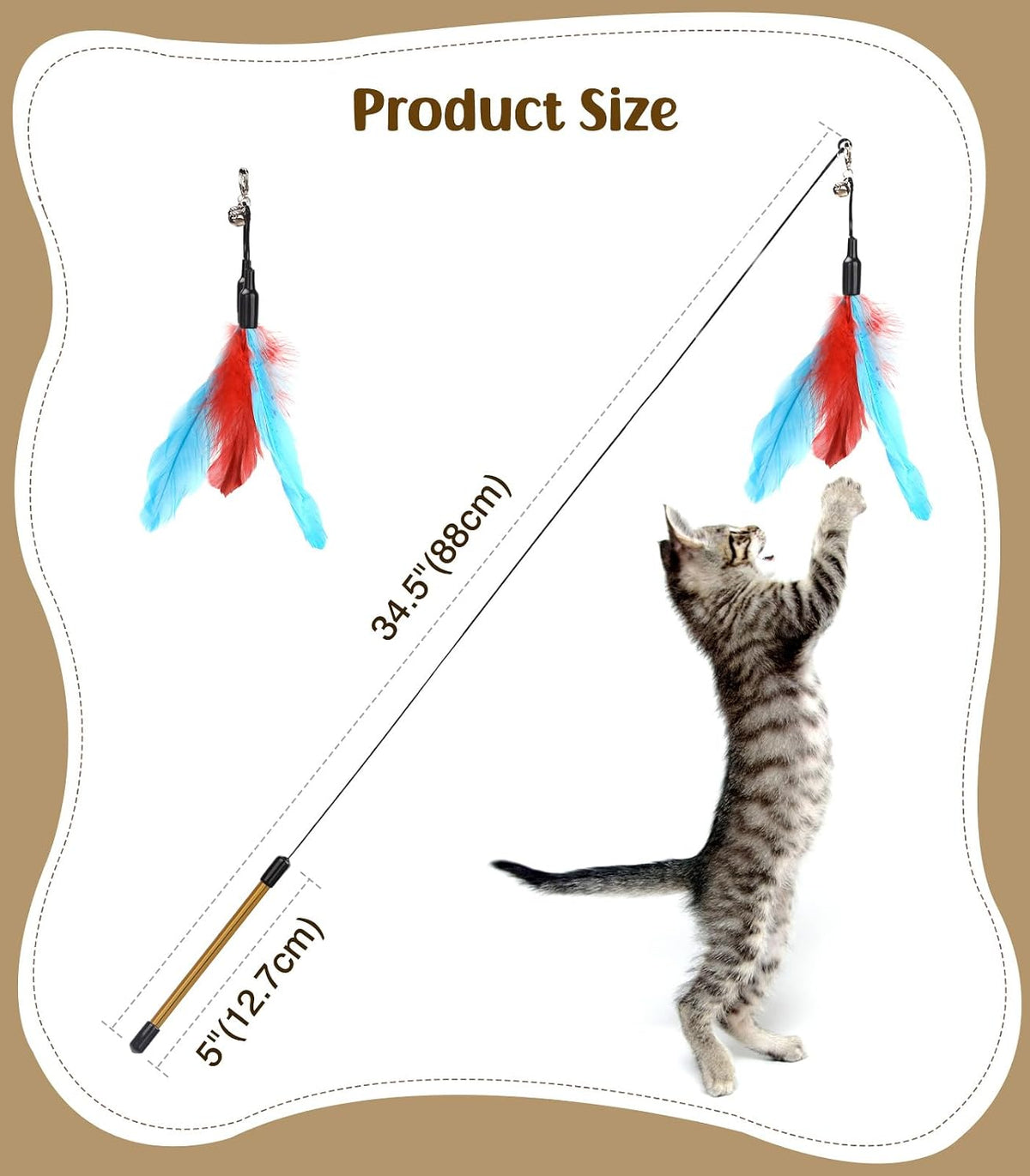 Pawaboo Cat Feather Wand Interactive Toy, 2 Feathers + 1 Wand with Bell | Cat Feather Teaser Toys Flying Catcher Extra Long 34.5" Wand Exerciser Playing Chase Cat Toy Wands for Kitten, Blue&Red Brown