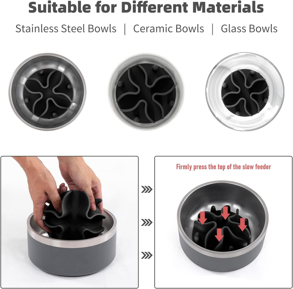 Jaoul Slow Feeder Dog Bowls Insert, Puzzle Slow Feeder Insert with 51 Octopus Suction Cups for Medium Large Size Dog Food Bowl Over 6.5" Wide (Black)