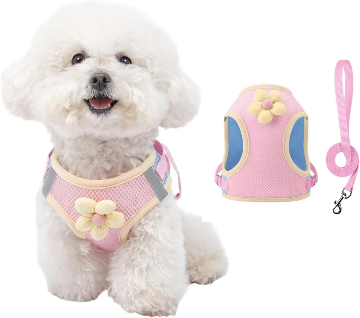 Floral Mesh Dog Harness with Matching Leash, Pink, L (16-20lbs)